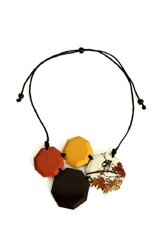 Noa Ecco Hand Painted Four Piece Japanese Decoupage Motif Octagonal Necklace Adjustable Cord