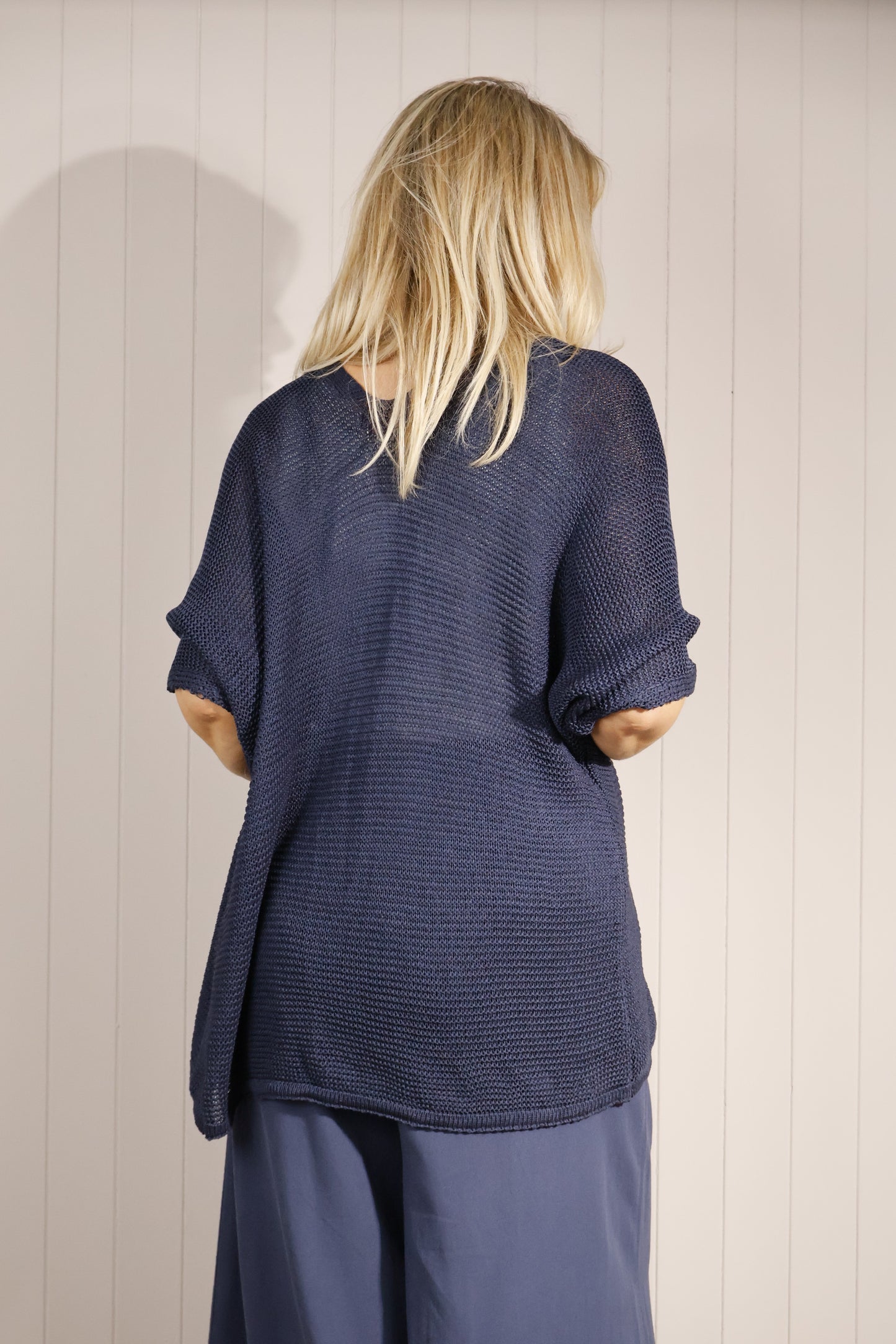 Goose Island Short Sleeve Cardigan Open Knit Navy, Light Pink, White