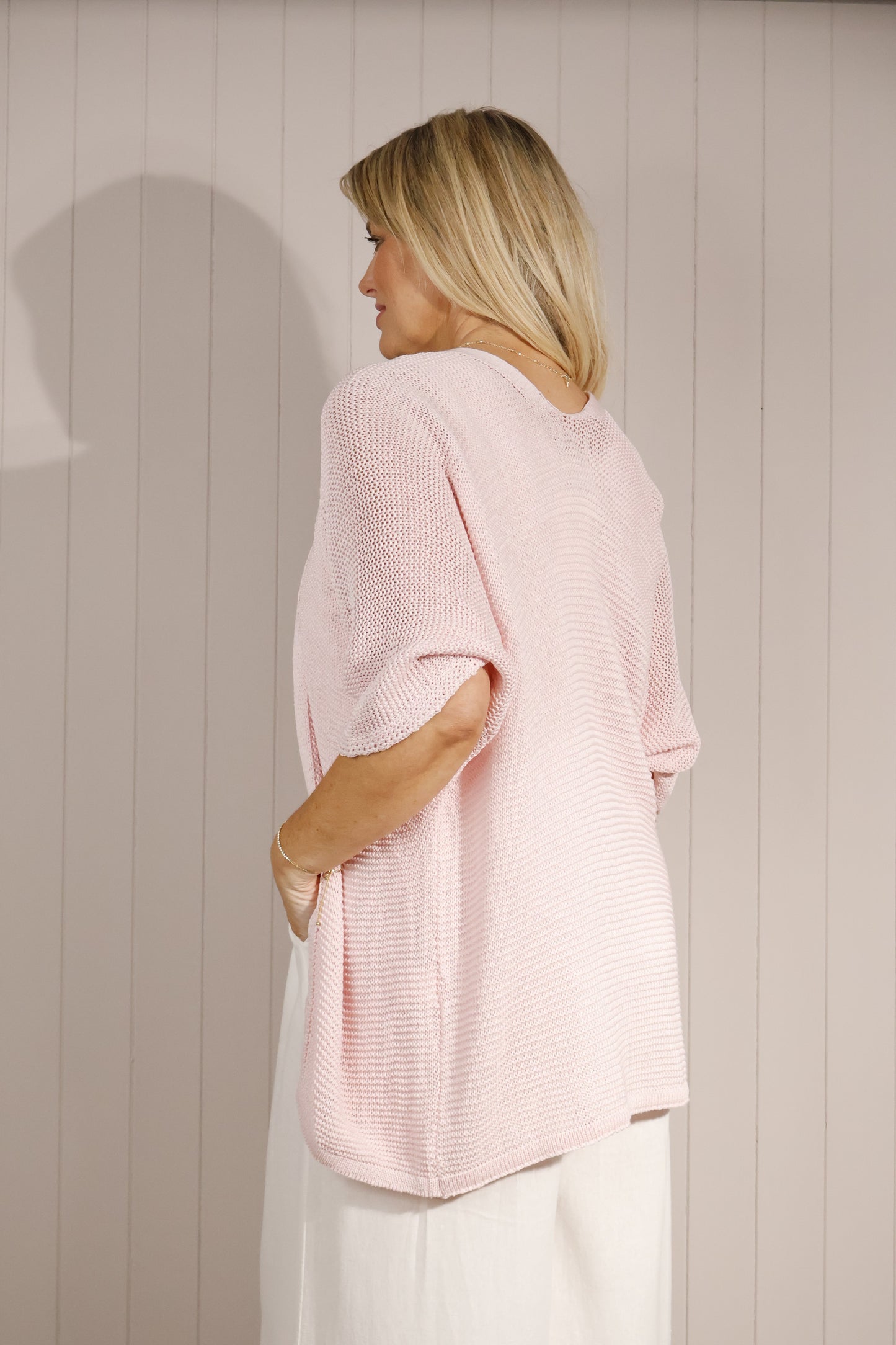 Goose Island Short Sleeve Cardigan Open Knit Navy, Light Pink, White