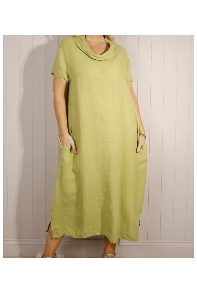 Goose Island Cowl Neck Linen Maxi Dress with Short Sleeves Pockets Lime Green