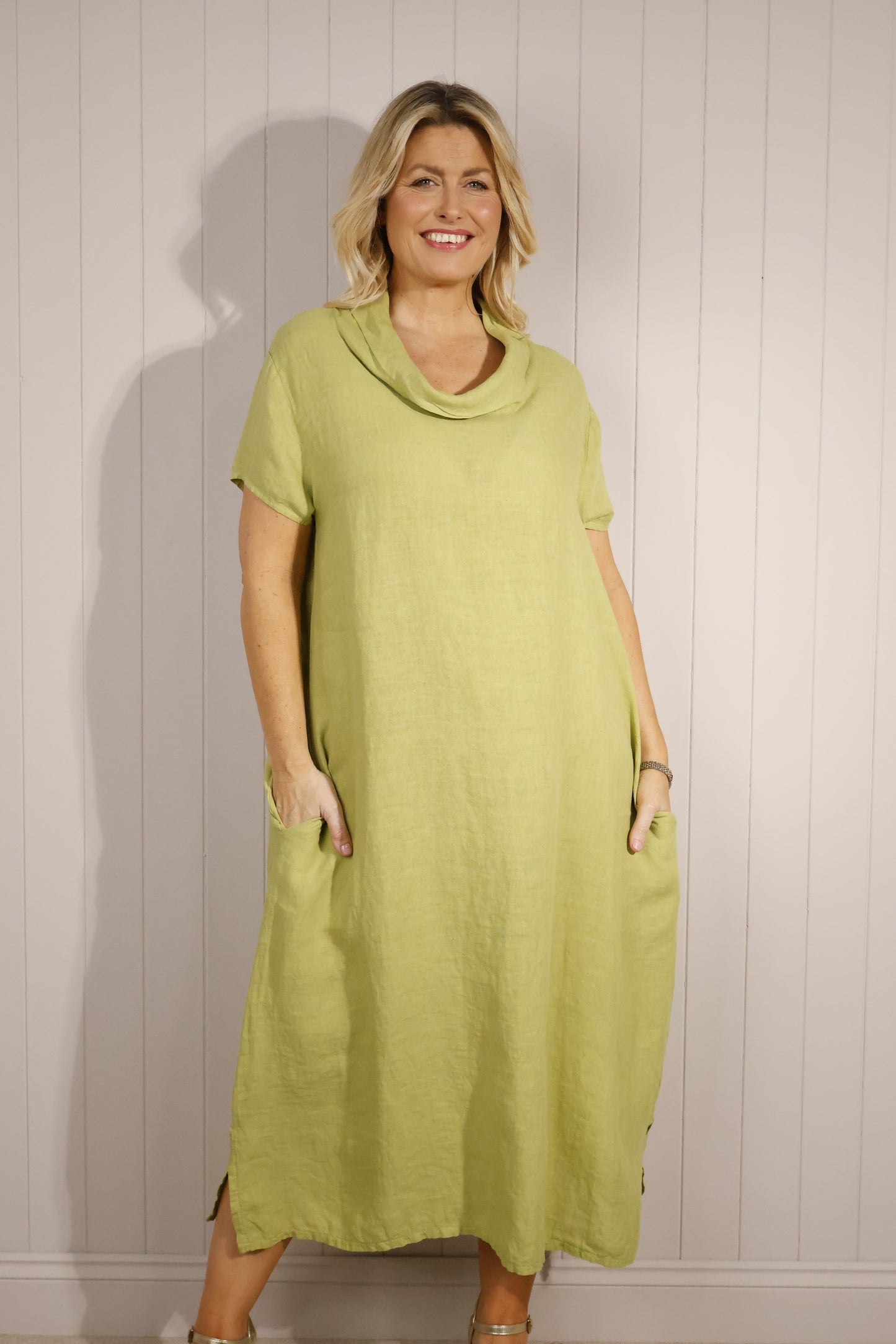 Goose Island Cowl Neck Linen Maxi Dress with Short Sleeves Pockets Lime Green