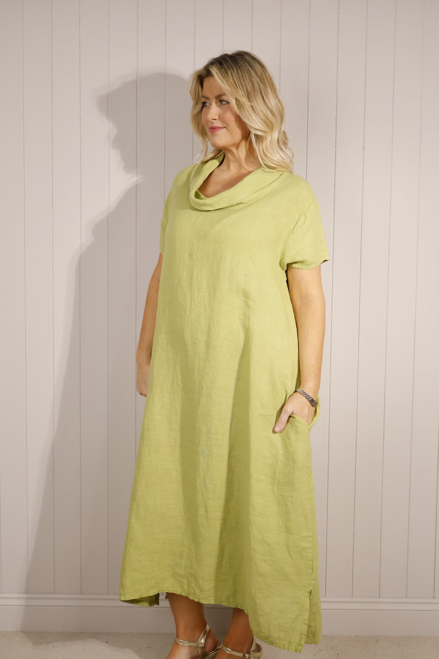 Goose Island Cowl Neck Linen Maxi Dress with Short Sleeves Pockets Lime Green