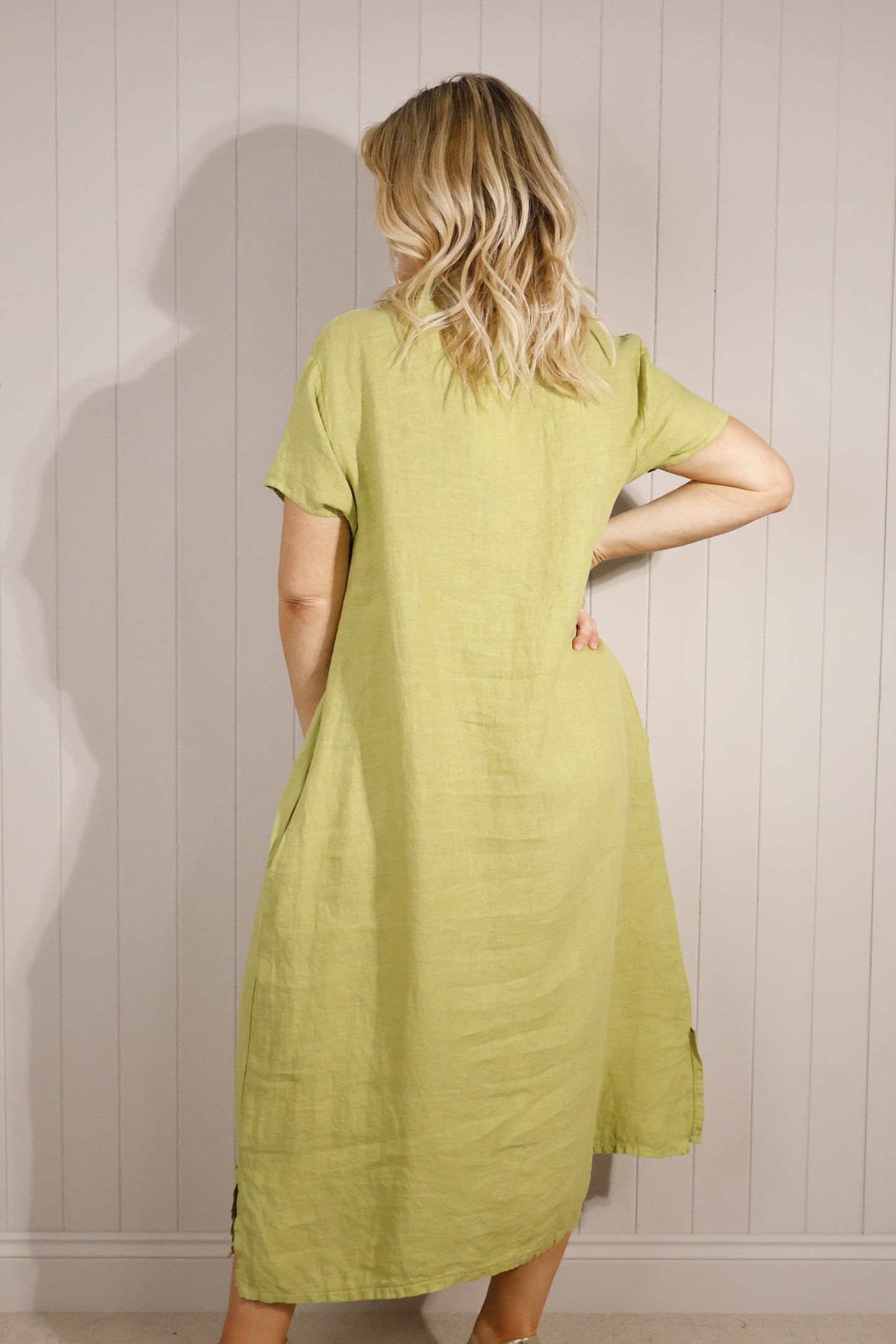 Goose Island Cowl Neck Linen Maxi Dress with Short Sleeves Pockets Lime Green