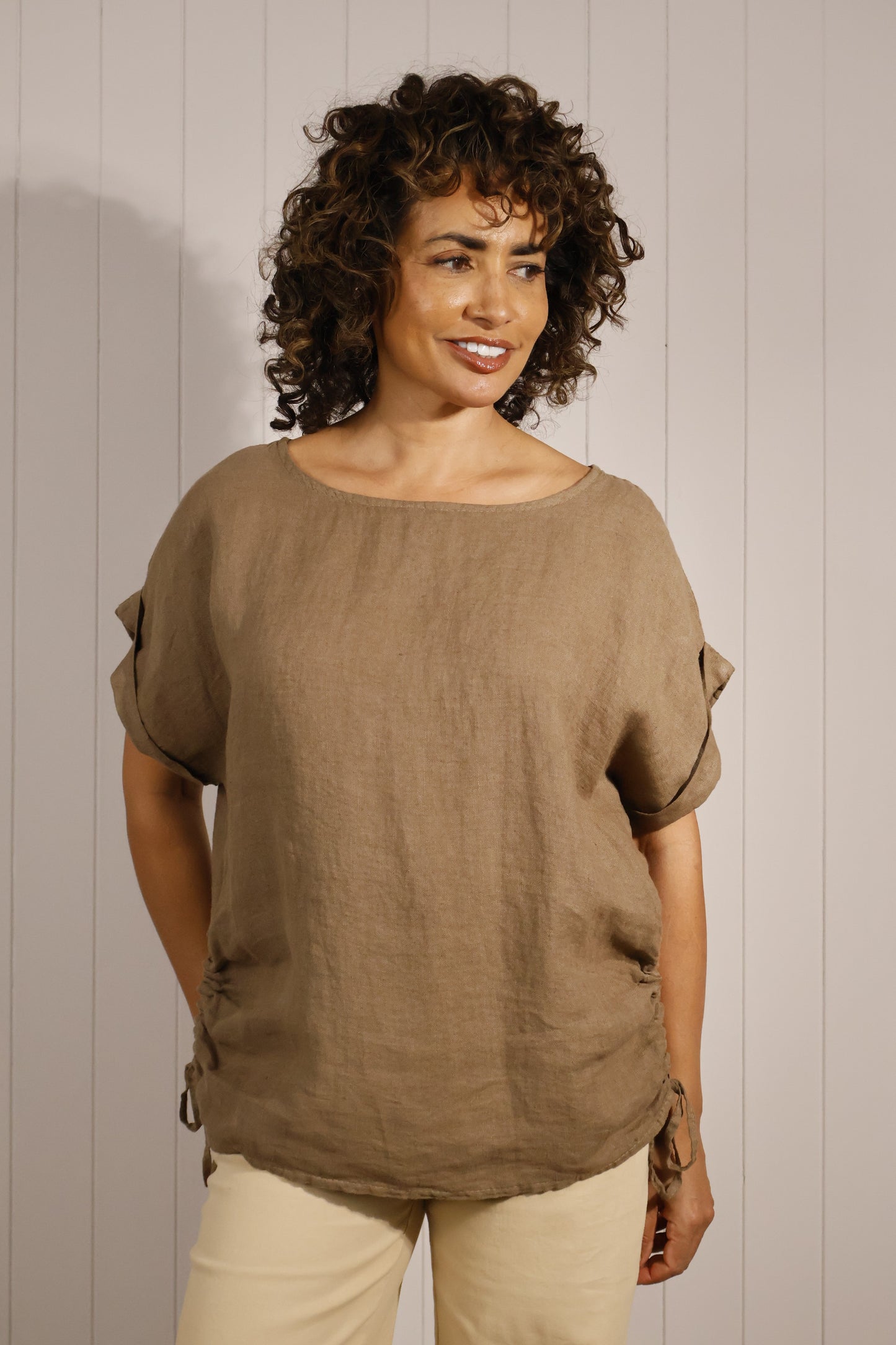 Goose Island Premium 100% Linen Top with Ruched Side Ties