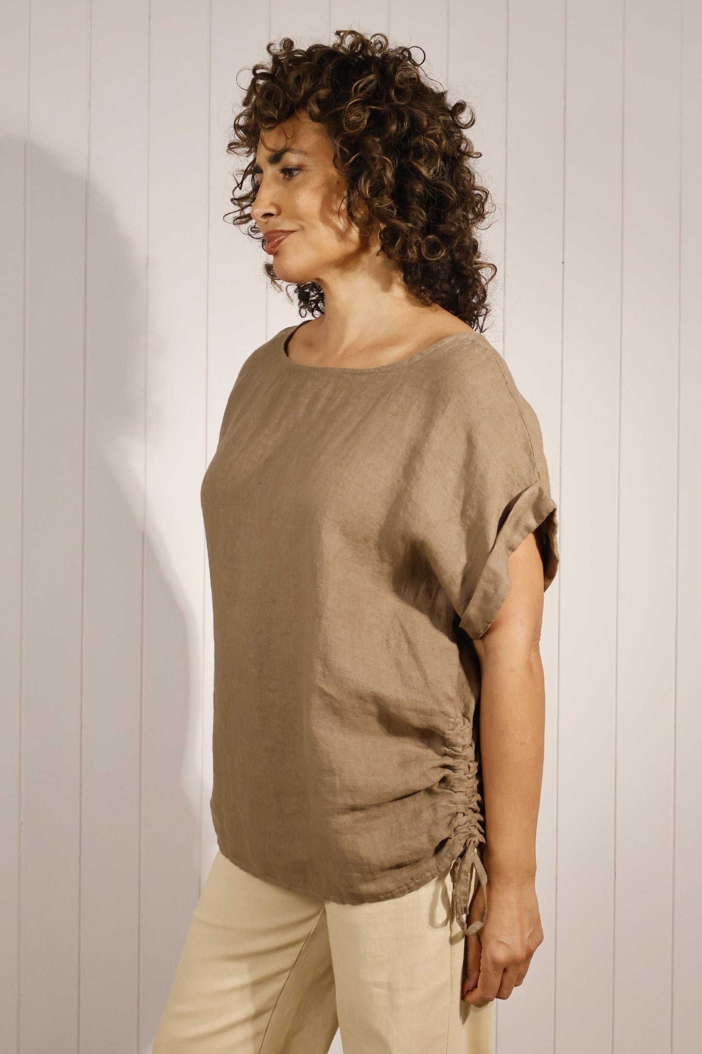 Goose Island Premium 100% Linen Top with Ruched Side Ties