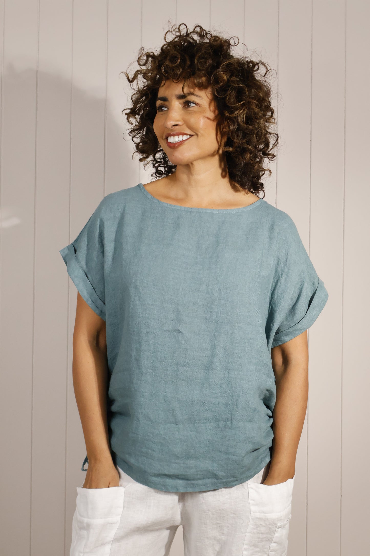 Goose Island Premium 100% Linen Top with Ruched Side Ties