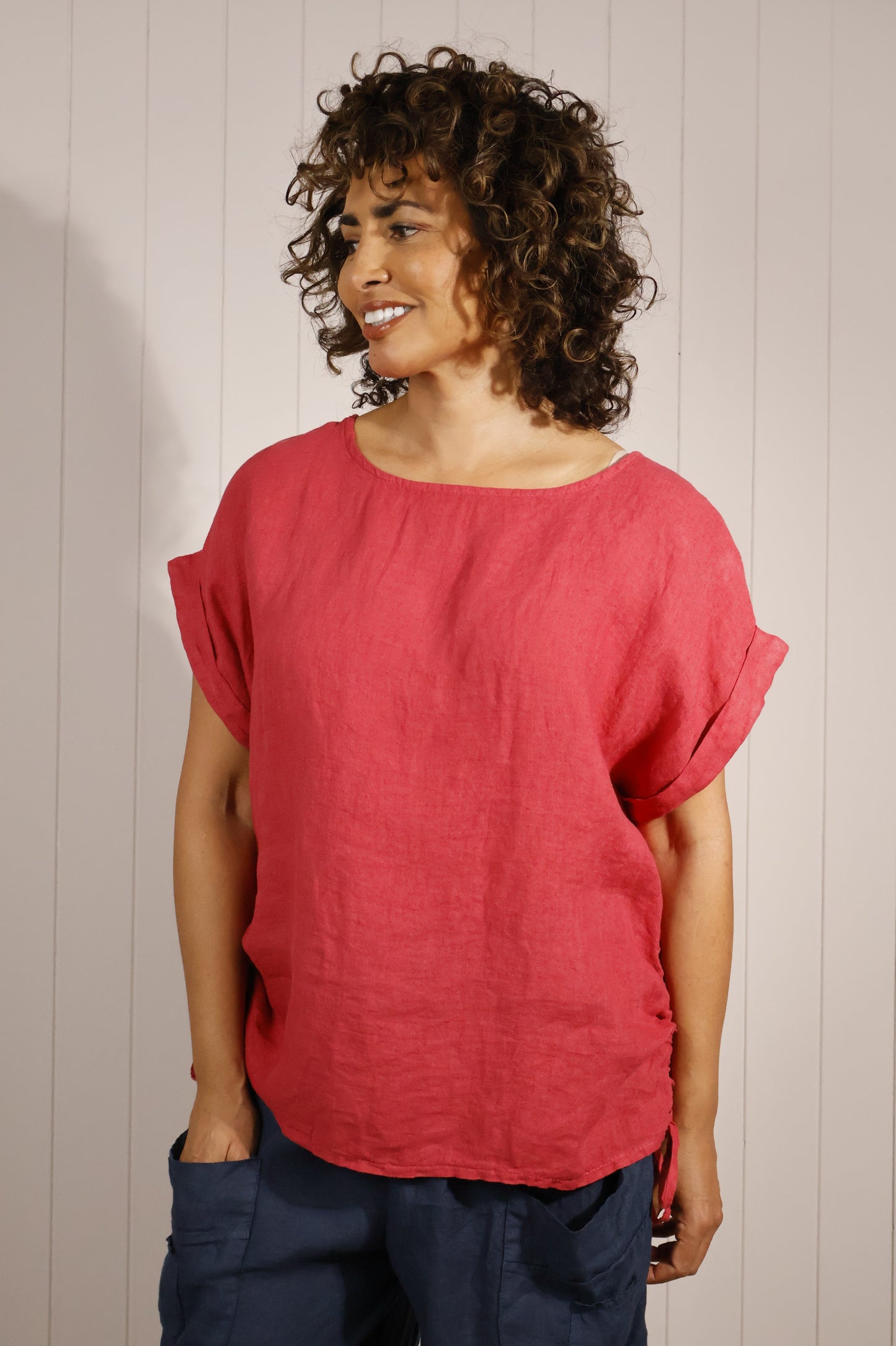 Goose Island Premium 100% Linen Top with Ruched Side Ties