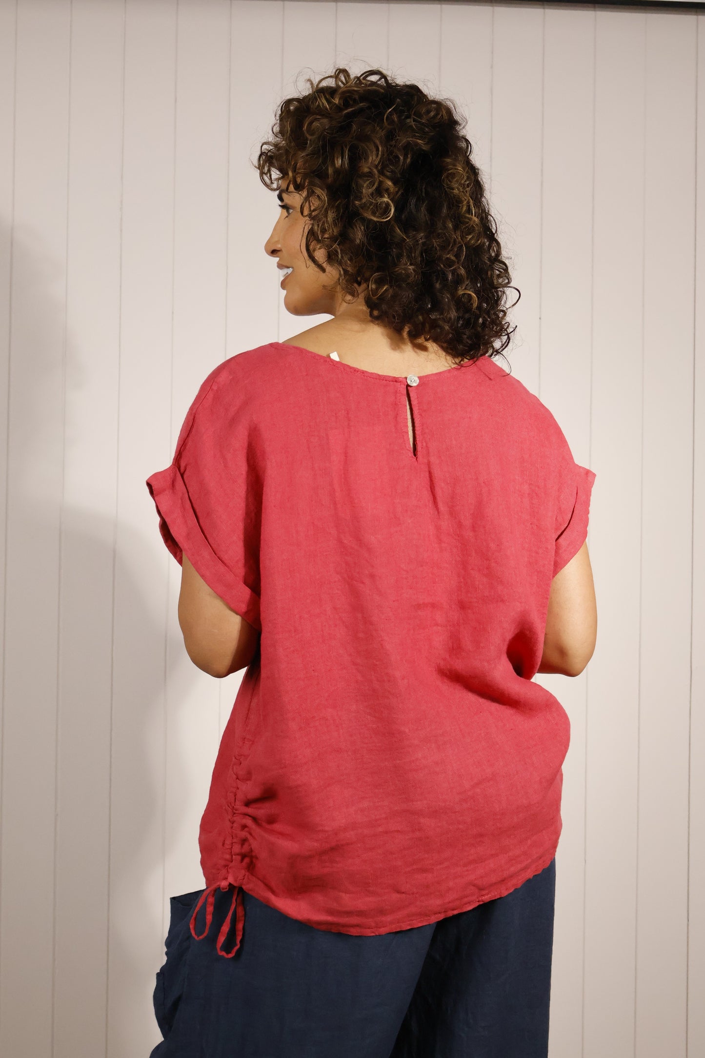 Goose Island Premium 100% Linen Top with Ruched Side Ties