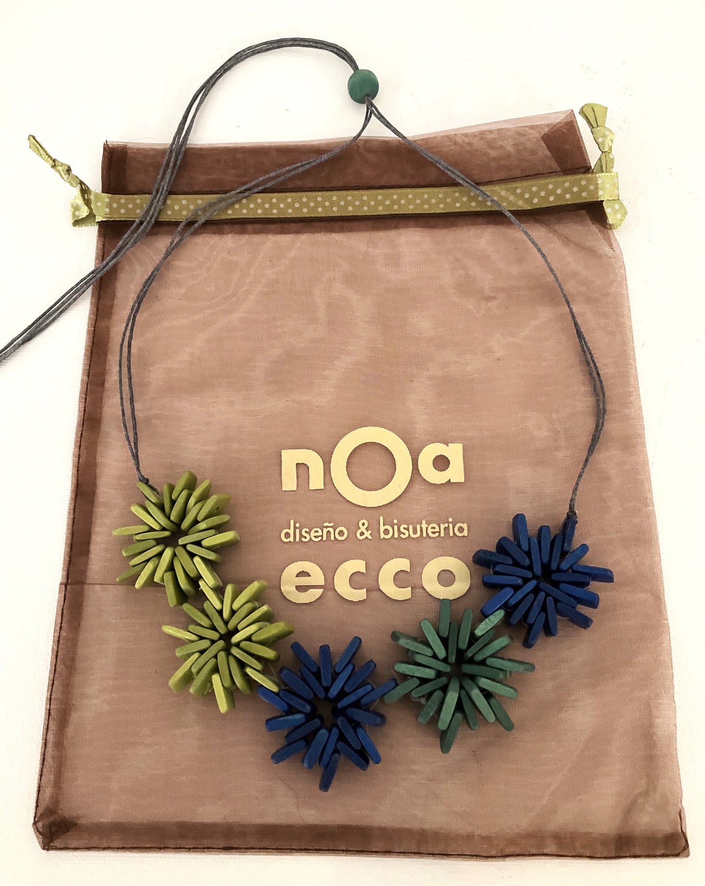 Noa Ecco Hand painted Wood Five Star Shaped Necklace Blue Green Adjustable