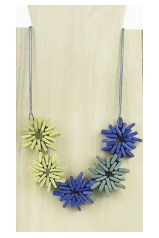 Noa Ecco Hand painted Wood Five Star Shaped Necklace Blue Green Adjustable