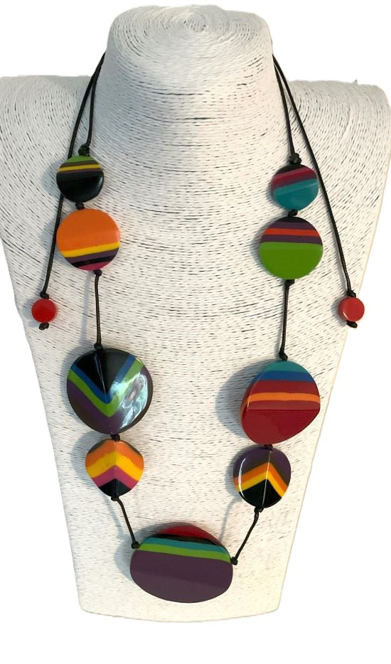 Noa Ecco Stunning Colourful Hand Painted Circles Resin Necklace Reversible Adjustable Cord