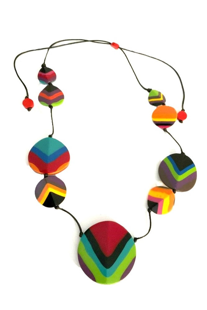 Noa Ecco Stunning Colourful Hand Painted Circles Resin Necklace Reversible Adjustable Cord