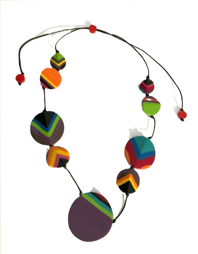 Noa Ecco Stunning Colourful Hand Painted Circles Resin Necklace Reversible Adjustable Cord