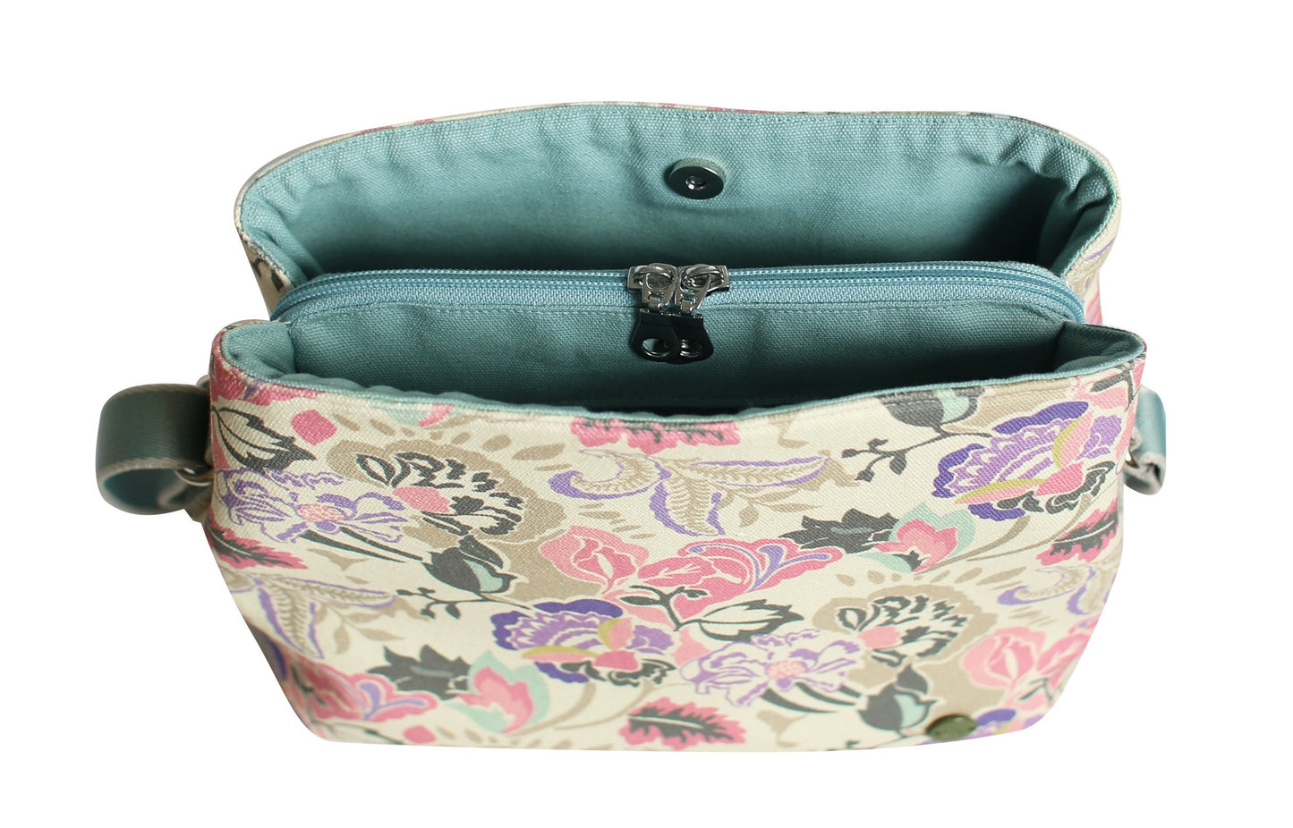 Earth Squared Fair Trade Jacobean Canvas Logan Bag Cross Body Bag Cream and Pink
