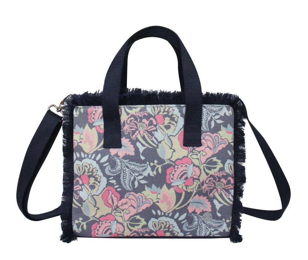 Earth Squared Canvas Fringe Handbag Pink and Navy