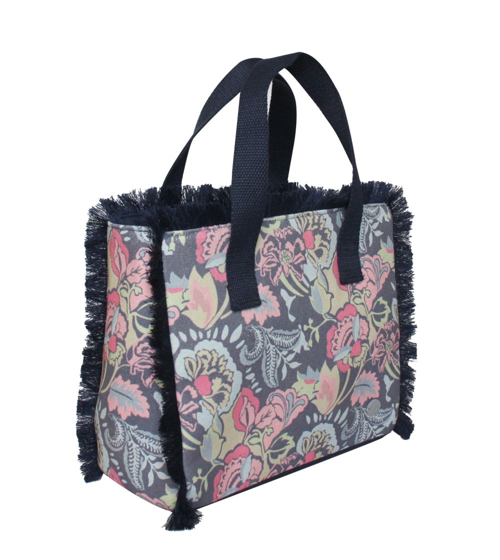 Earth Squared Canvas Fringe Handbag Pink and Navy