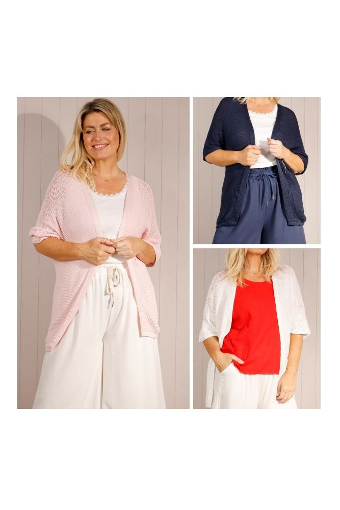 Goose Island Short Sleeve Cardigan Open Knit Navy, Light Pink, White