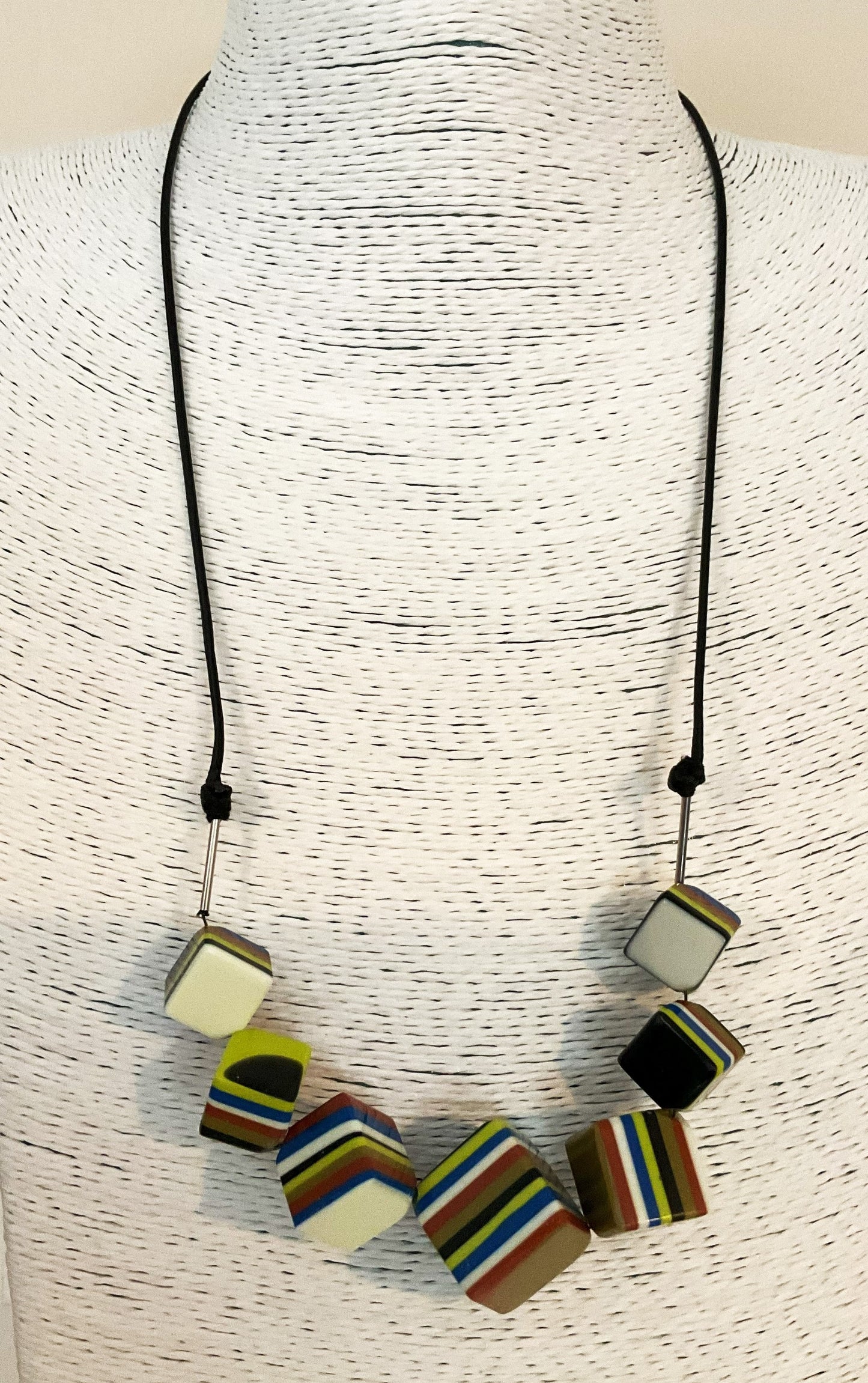 Noa Ecco Geometric Seven Multicolour Striped Cubes Resin Necklace Adjustable Cord