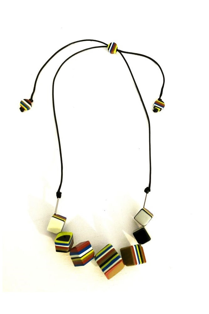 Noa Ecco Geometric Seven Multicolour Striped Cubes Resin Necklace Adjustable Cord