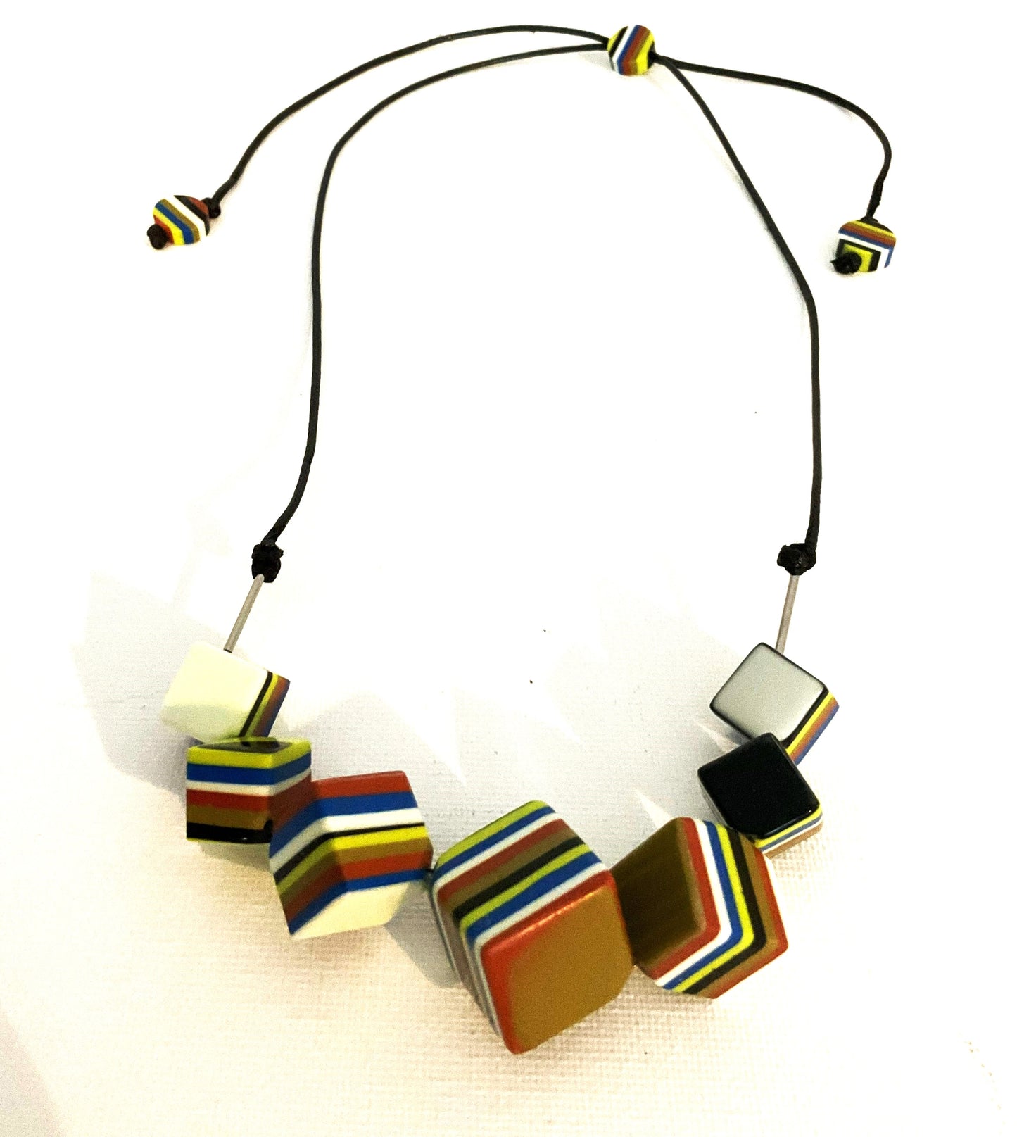 Noa Ecco Geometric Seven Multicolour Striped Cubes Resin Necklace Adjustable Cord