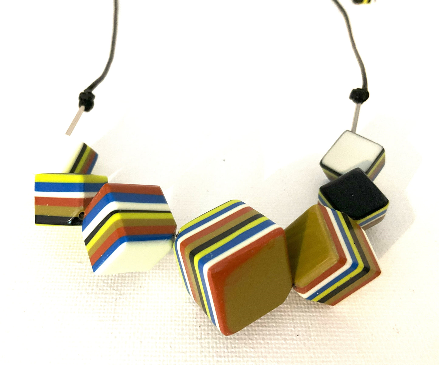 Noa Ecco Geometric Seven Multicolour Striped Cubes Resin Necklace Adjustable Cord