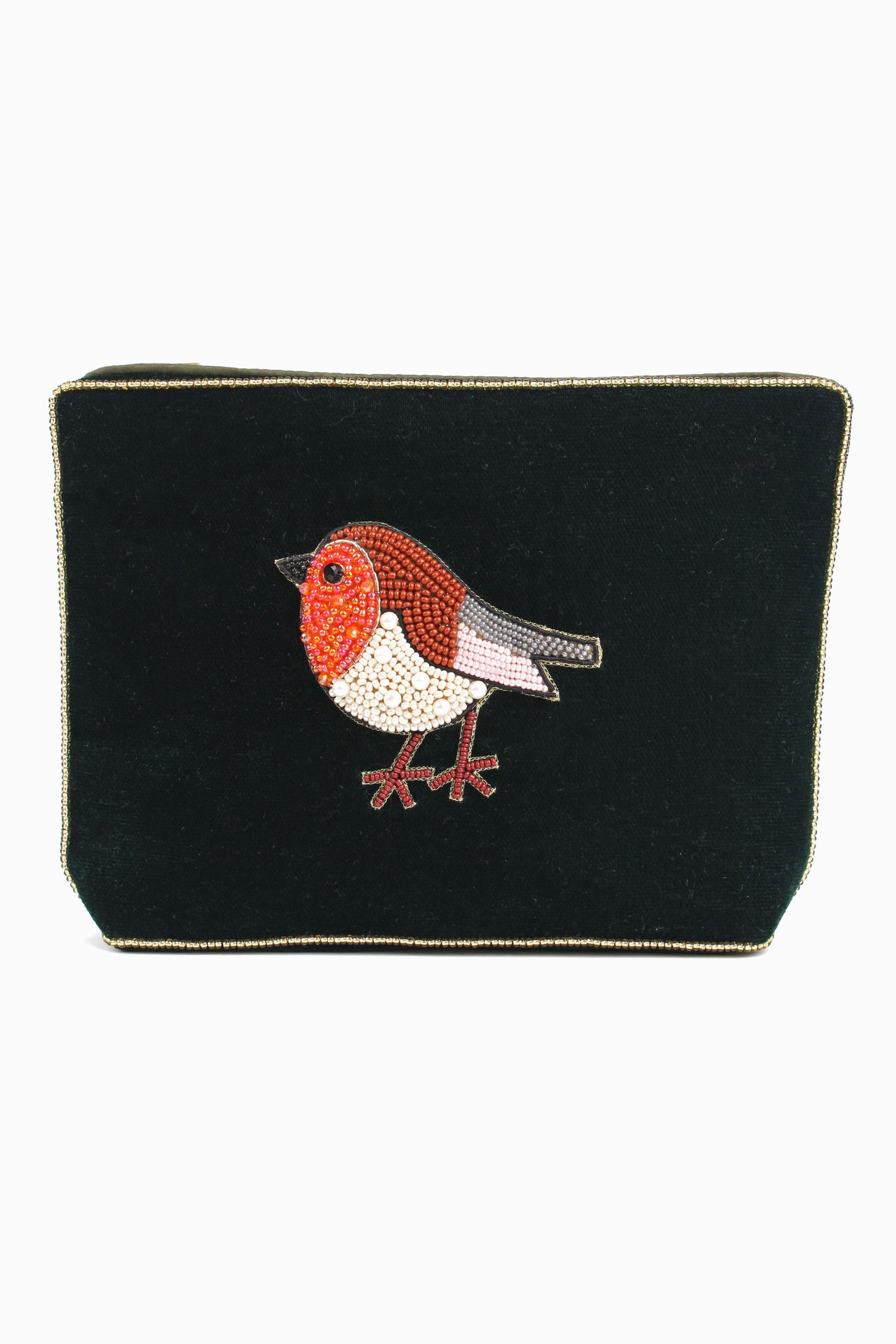 My Doris Velvet Zipped Pouch Hand Beaded Bee, Owl, Robin, Peacock, Hedgehog
