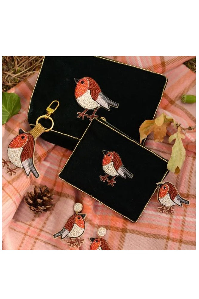 My Doris Velvet Zipped Pouch Hand Beaded Bee, Owl, Robin, Peacock, Hedgehog