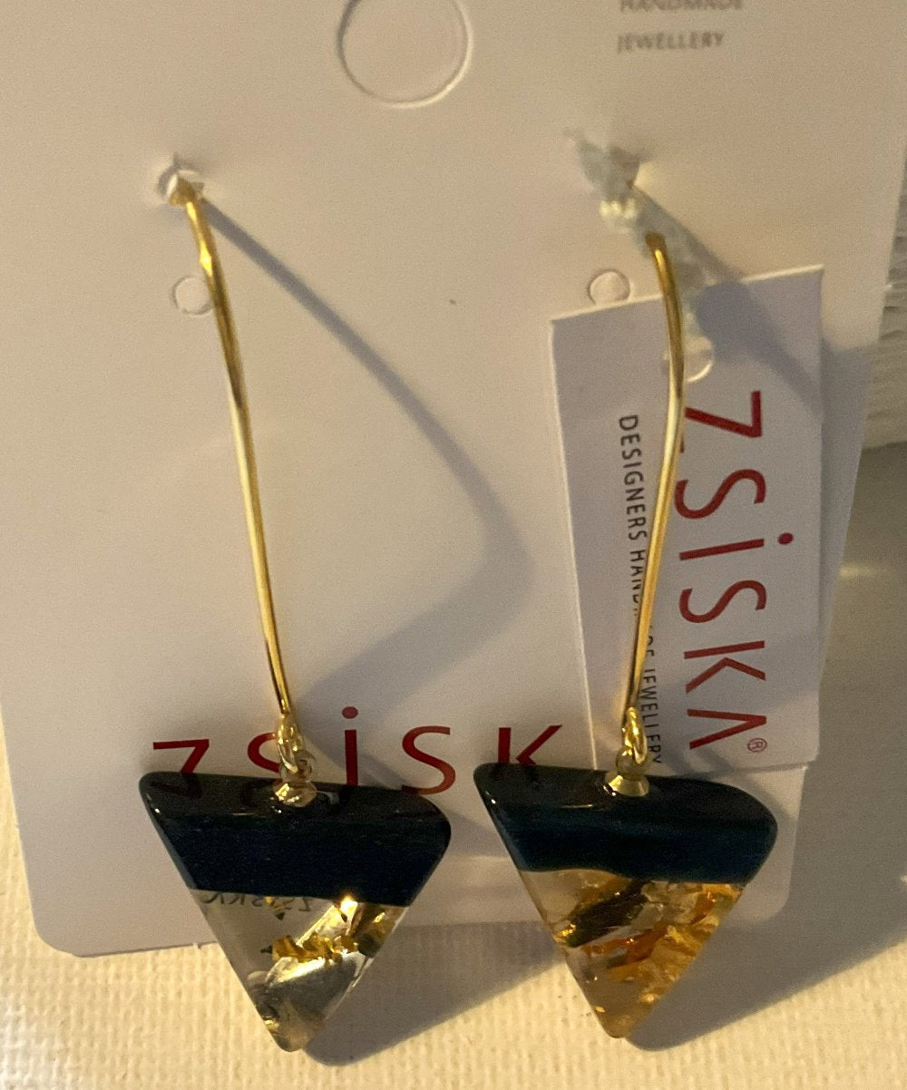 Zsiska ‘Dhara’ Gold Flake Long Hook Earrings Winter Blue