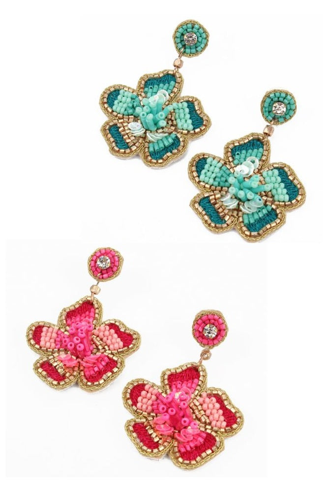 My Doris Flower Shaped Earrings Hand Beaded Pink or Turquoise with Soft Fabric Backing