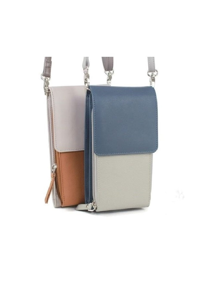 Eastern Counties Leather Slimline Crossbody Bag Adjustable Strap Ink Blue/Light Grey and Ivory/Tan