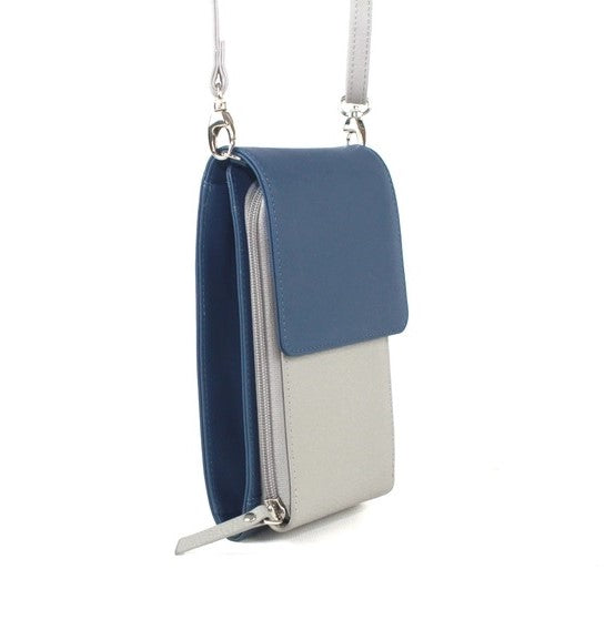 Eastern Counties Leather Slimline Crossbody Bag Adjustable Strap Ink Blue/Light Grey and Ivory/Tan