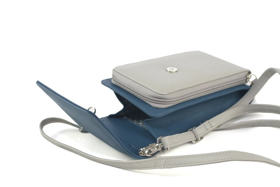 Eastern Counties Leather Slimline Crossbody Bag Adjustable Strap Ink Blue/Light Grey and Ivory/Tan