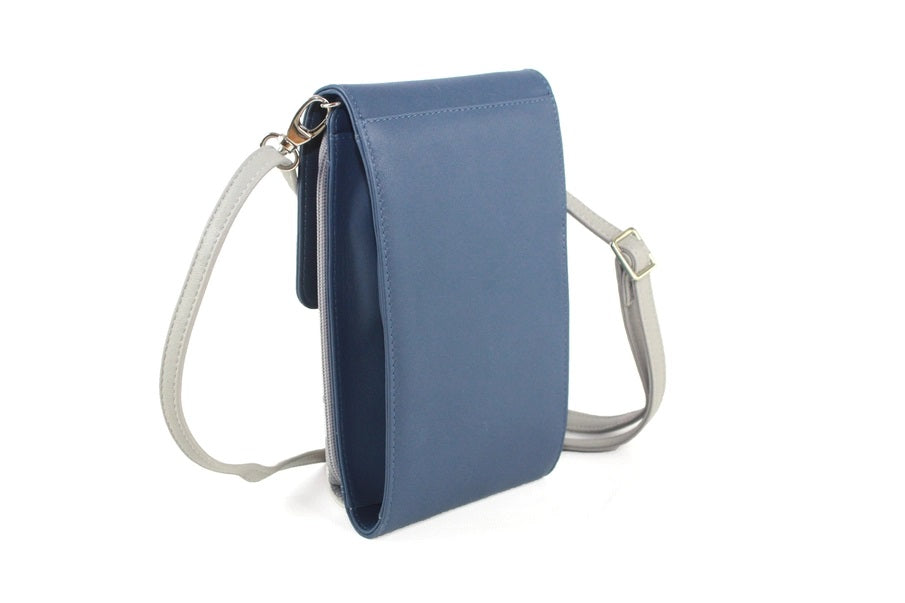 Eastern Counties Leather Slimline Crossbody Bag Adjustable Strap Ink Blue/Light Grey and Ivory/Tan