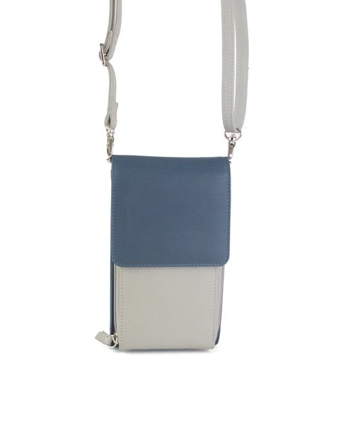 Eastern Counties Leather Slimline Crossbody Bag Adjustable Strap Ink Blue/Light Grey and Ivory/Tan