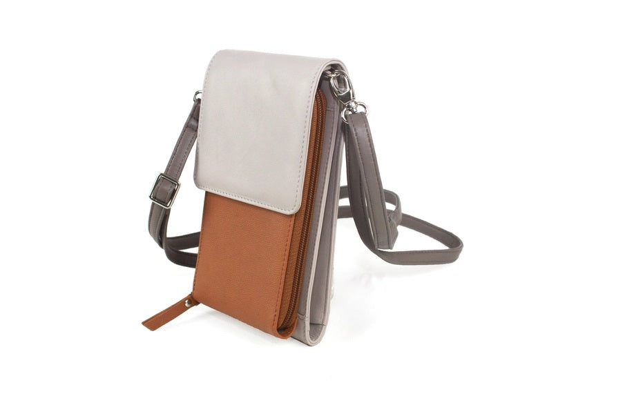 Eastern Counties Leather Slimline Crossbody Bag Adjustable Strap Ink Blue/Light Grey and Ivory/Tan