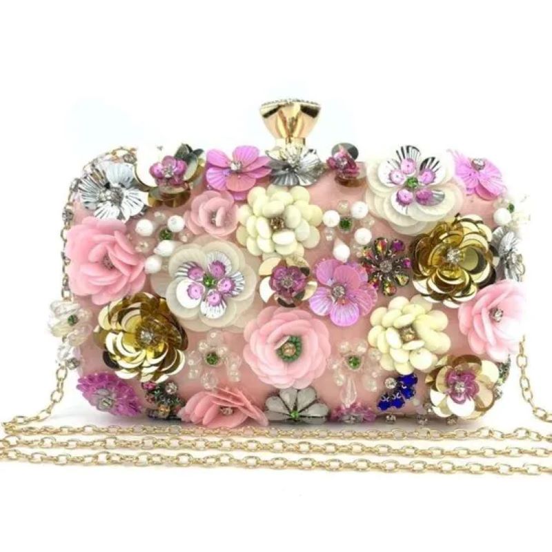 Peach Accessories Embellished Floral Clutch Bag Wedding Formal Rhinestones Beads Chain and Top Handle