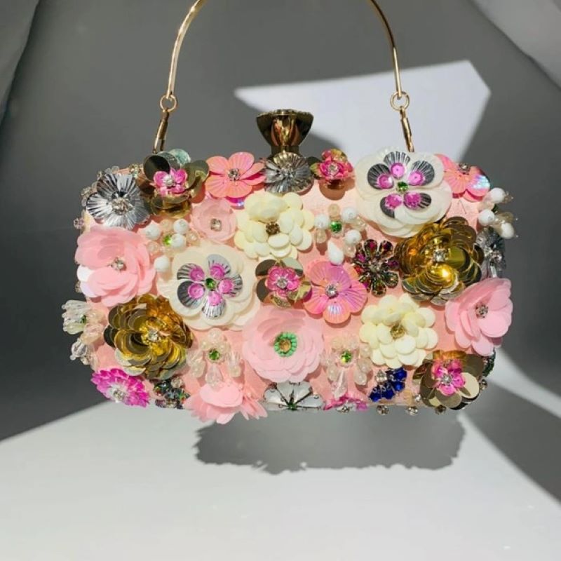 Peach Accessories Embellished Floral Clutch Bag Wedding Formal Rhinestones Beads Chain and Top Handle