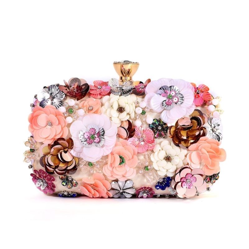 Peach Accessories Embellished Floral Clutch Bag Wedding Formal Rhinestones Beads Chain and Top Handle