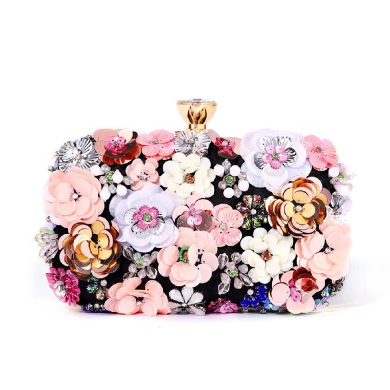 Peach Accessories Embellished Floral Clutch Bag Wedding Formal Rhinestones Beads Chain and Top Handle