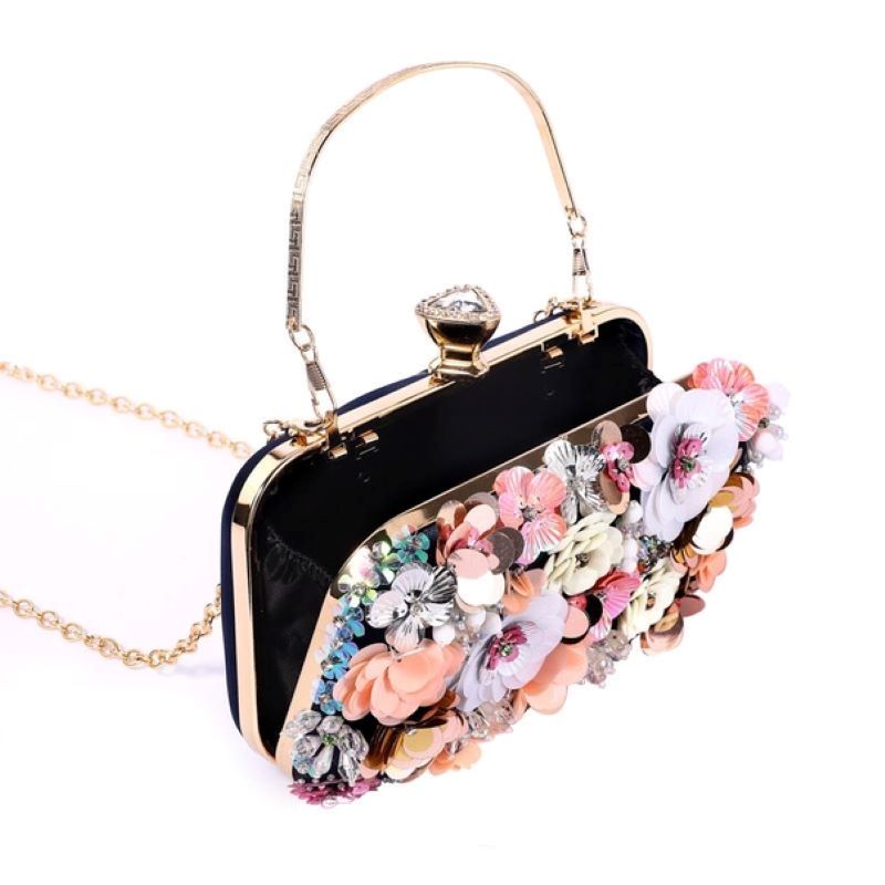 Peach Accessories Embellished Floral Clutch Bag Wedding Formal Rhinestones Beads Chain and Top Handle