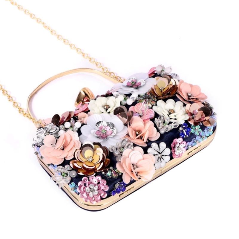 Peach Accessories Embellished Floral Clutch Bag Wedding Formal Rhinestones Beads Chain and Top Handle