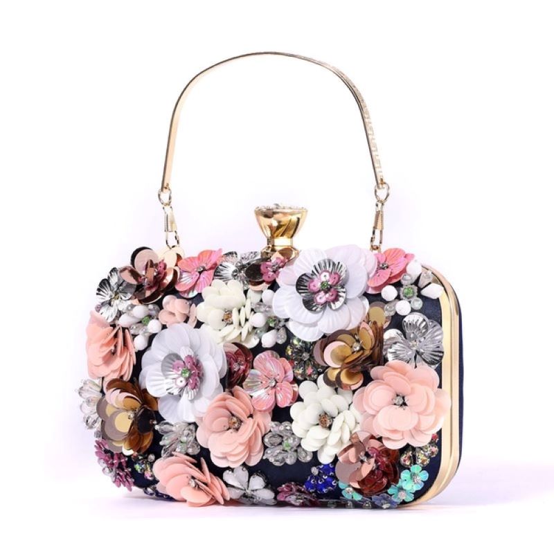 Peach Accessories Embellished Floral Clutch Bag Wedding Formal Rhinestones Beads Chain and Top Handle