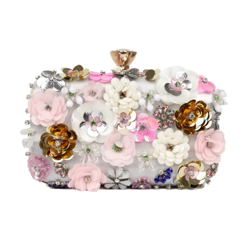 Peach Accessories Embellished Floral Clutch Bag Wedding Formal Rhinestones Beads Chain and Top Handle