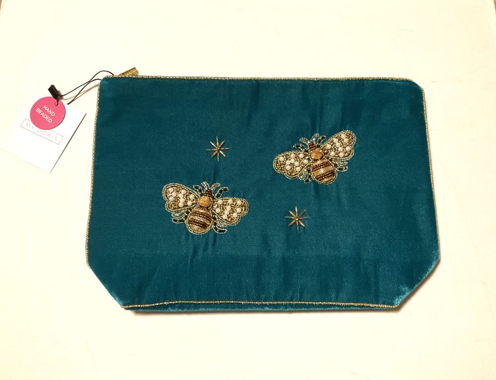 My Doris Large Teal Velvet Zipped Pouch with Hand Beaded Golden Bees
