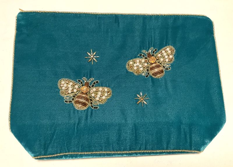 My Doris Large Teal Velvet Zipped Pouch with Hand Beaded Golden Bees