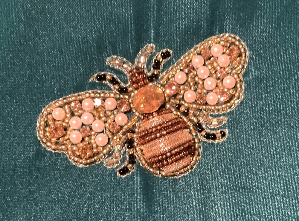 My Doris Large Teal Velvet Zipped Pouch with Hand Beaded Golden Bees