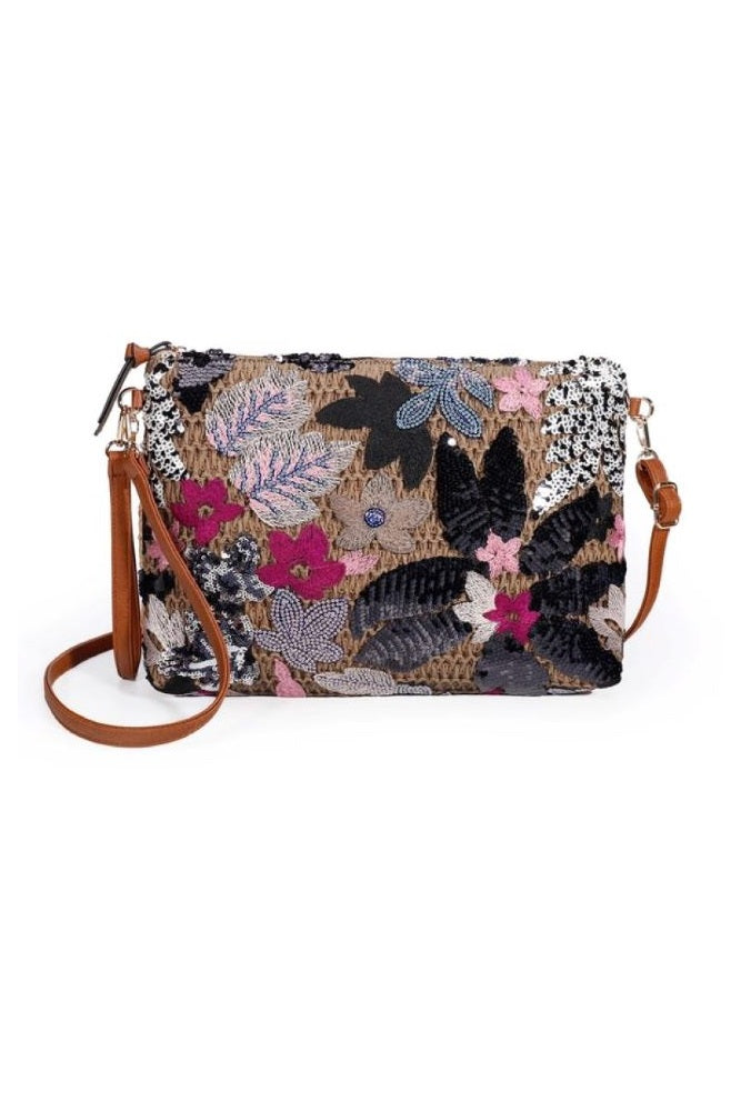 Peach Accessories Large Floral Embroidered Straw Clutch Bag with Wristlet Strap and Shoulder Strap