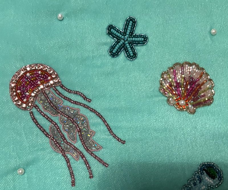 My Doris Large Ocean Blue Velvet Zipped Pouch with Hand Beaded Sea Scene