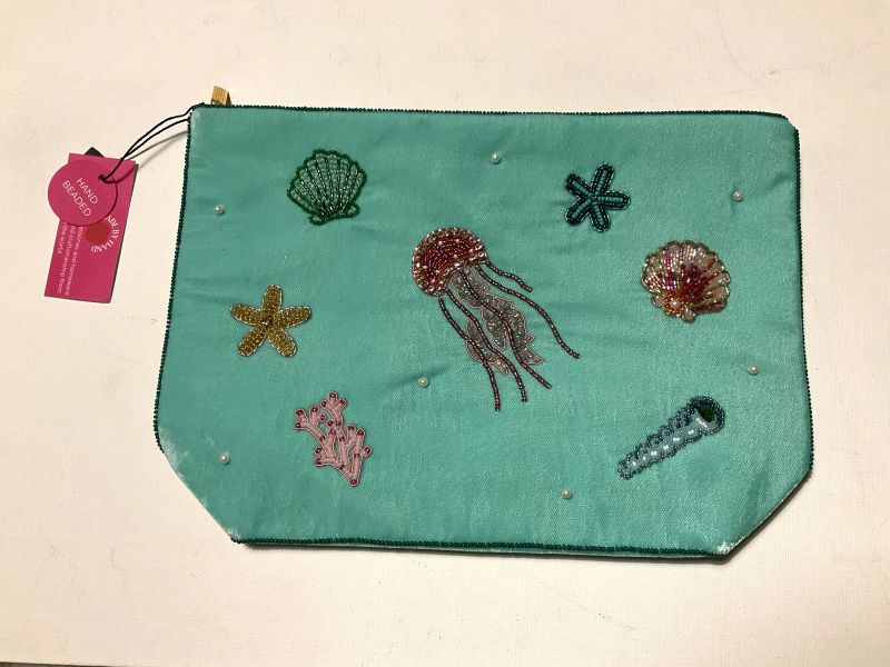 My Doris Large Ocean Blue Velvet Zipped Pouch with Hand Beaded Sea Scene