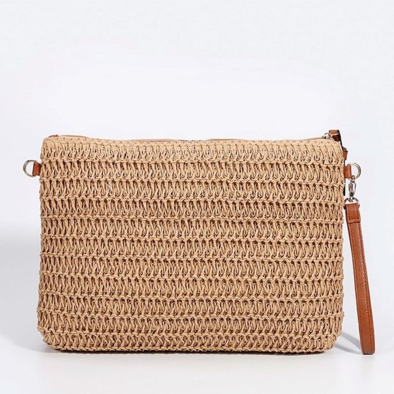 Peach Accessories Large Floral Embroidered Straw Clutch Bag with Wristlet Strap and Shoulder Strap